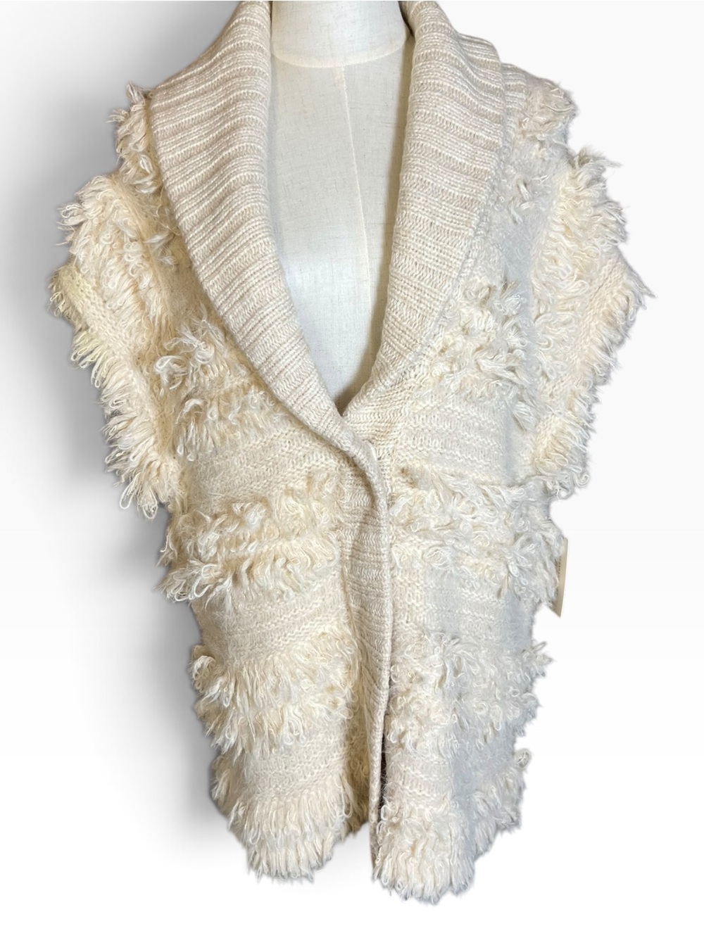 Anthropologie Ivory Shaggy Fringe Sweater Vest M/L Oversized Boho